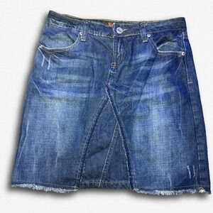 Y2K 100% Cotton Mudd Blue Denim Mini Skirt Medium Wash Distressed Women